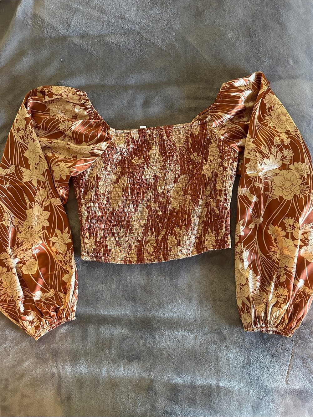 Listicle Floral Smocked Puff Sleeve Crop Top Brown Cream M